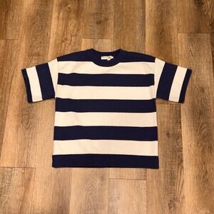Flat White Navy Blue White Striped Short Sleeve Sweater Top Small Nautical Knit